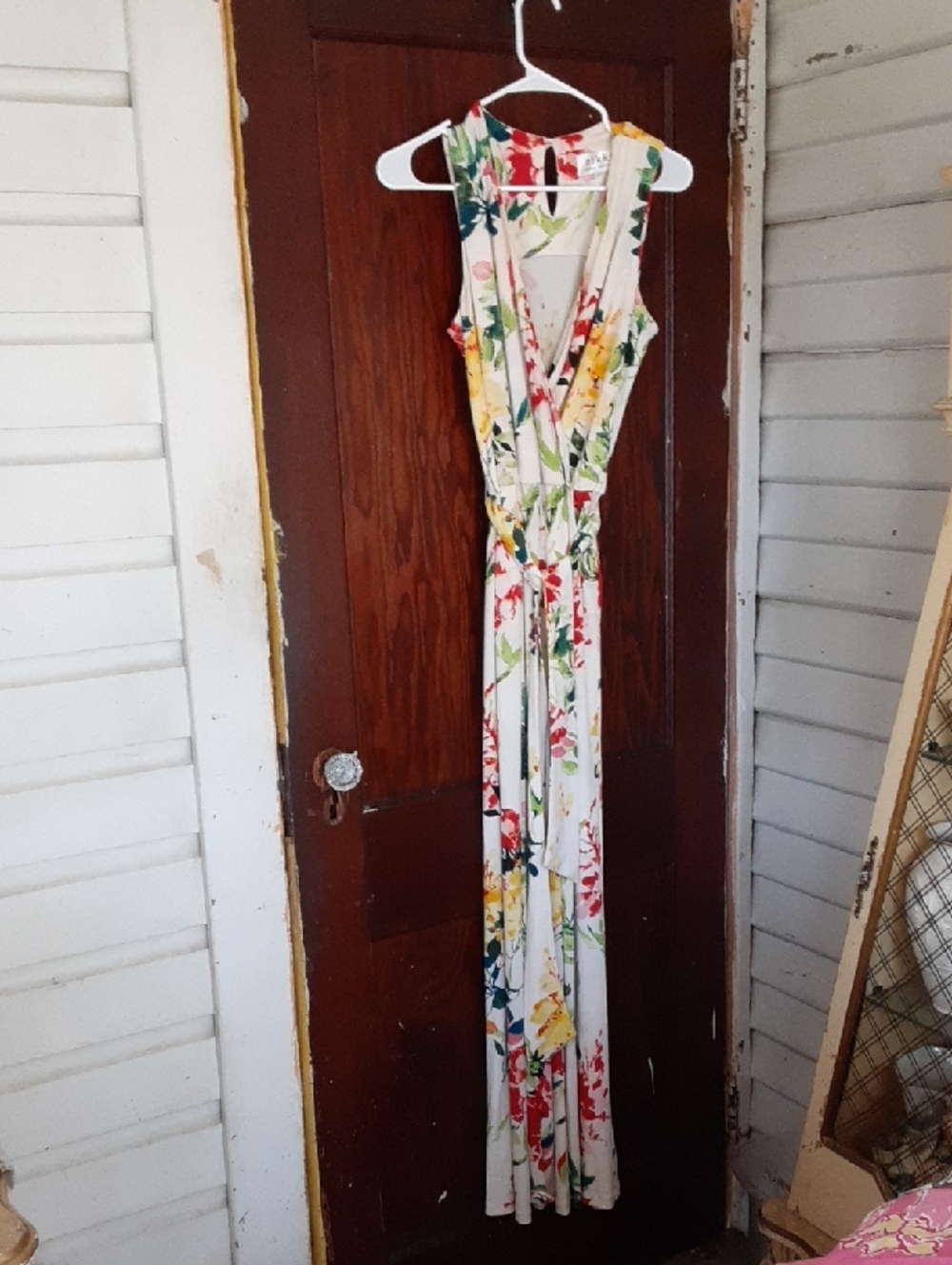 Nikki Poulos Floral Wide Leg Jumpsuit in White with Red & Green Print